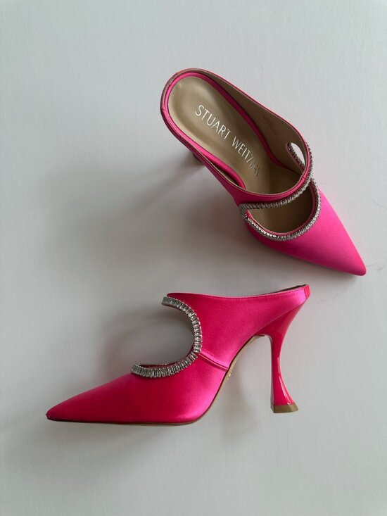 Stuart Weitzman Shoes - Stuart Weitzman Pink Satin Crystal Heels, Size 7 Luxury Designer Pumps Mules